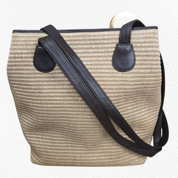 Y2K Susan Gail Tan Woven Straw Tote Shoulder Bag Brown Trim Boho Chic Purse - Picture 12 of 12